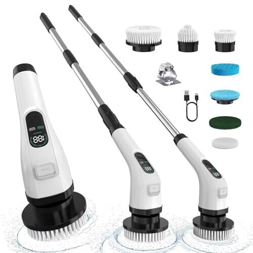 ALPONO Electric Spin Scrubber with Long Handle: Cordless Power Shower Scrubber - Spin Brush with 7 Brush Replacement Heads for Cleaning Bathroom,Tub, Tile, White, ALPONO-A11 - ALPONO