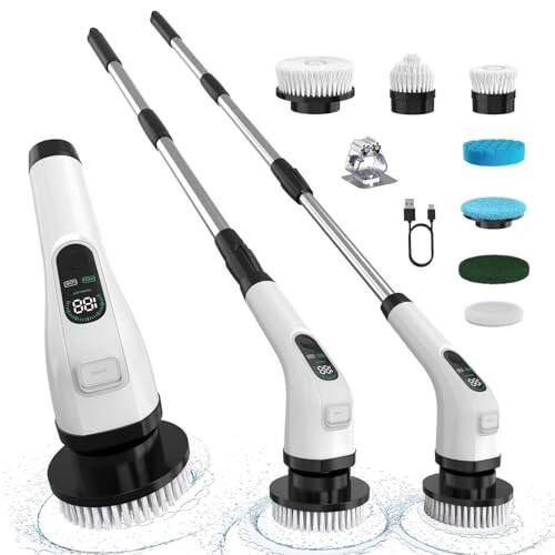 ALPONO Electric Spin Scrubber with Long Handle: Cordless Power Shower Scrubber - Spin Brush with 7 Brush Replacement Heads for Cleaning Bathroom,Tub, Tile, White, ALPONO-A11 - 1
