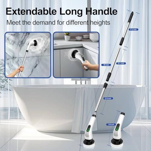 ALPONO Electric Spin Scrubber with Long Handle: Cordless Power Shower Scrubber - Spin Brush with 7 Brush Replacement Heads for Cleaning Bathroom,Tub, Tile, White, ALPONO-A11 - 4