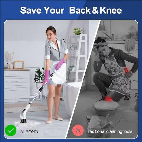 ALPONO Electric Spin Scrubber with Long Handle: Cordless Power Shower Scrubber - Spin Brush with 7 Brush Replacement Heads for Cleaning Bathroom,Tub, Tile, White, ALPONO-A11 - 5