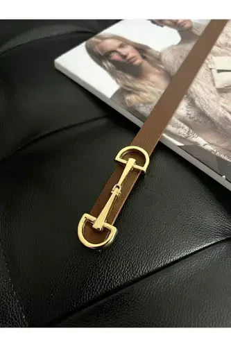Uzun Gold Tokalı İnce Taba Kadın Kemeri, Ceket Kemeri, Gömlek Kemeri, Elbise Kemeri-Taba - FIORI (1)