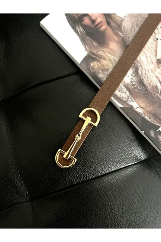 Uzun Gold Tokalı İnce Taba Kadın Kemeri, Ceket Kemeri, Gömlek Kemeri, Elbise Kemeri-Taba - 3