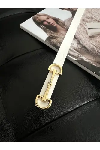 Uzun Gold Tokalı İnce Beyaz Kadın Kemeri, Ceket Kemeri, Gömlek Kemeri, Elbise Kemeri-Beyaz - 4