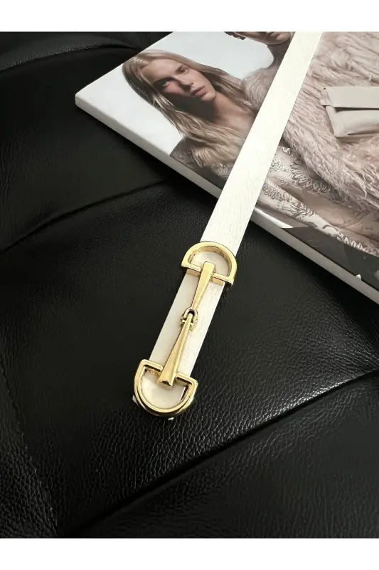 Uzun Gold Tokalı İnce Beyaz Kadın Kemeri, Ceket Kemeri, Gömlek Kemeri, Elbise Kemeri-Beyaz - 4