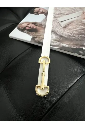 Uzun Gold Tokalı İnce Beyaz Kadın Kemeri, Ceket Kemeri, Gömlek Kemeri, Elbise Kemeri-Beyaz - 6