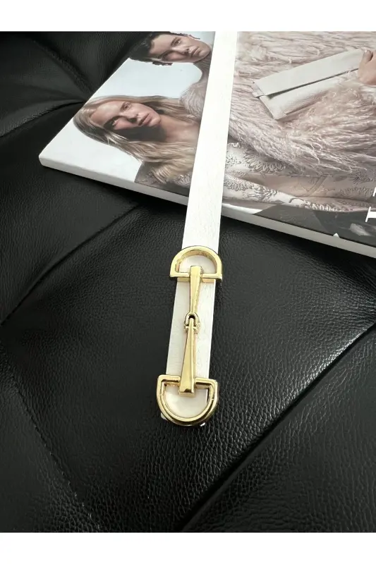Uzun Gold Tokalı İnce Beyaz Kadın Kemeri, Ceket Kemeri, Gömlek Kemeri, Elbise Kemeri-Beyaz - 6