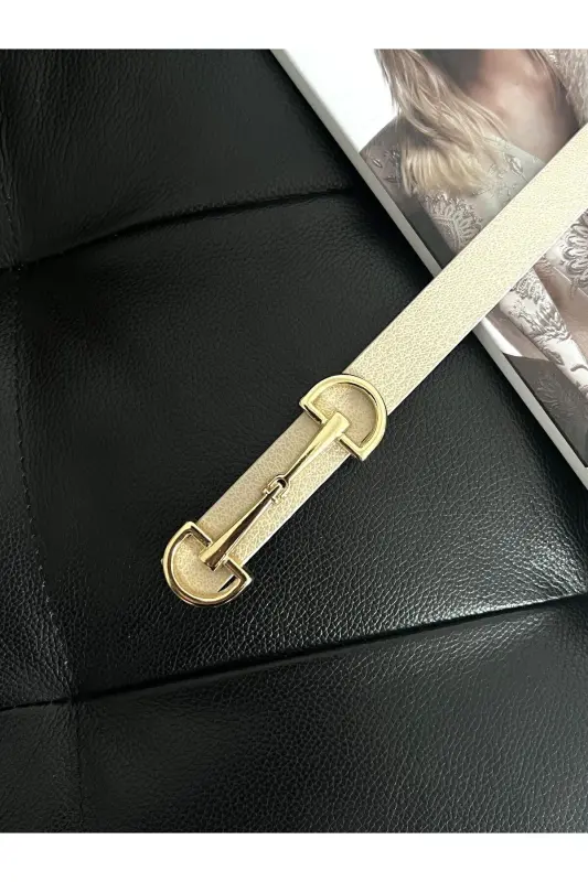 Uzun Gold Tokalı İnce Bej Kadın Kemeri, Ceket Kemeri, Gömlek Kemeri, Elbise Kemeri-Bej - 4