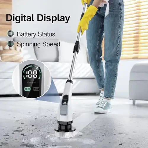 Uzun tutqichli elektr spinli yuvish vositasi: ALPONO simsiz quvvatli dush yuvish vositasi, hammom, vanna, plitka tozalash uchun 7 ta cho'tka almashtirish boshi bilan (qora) - 3