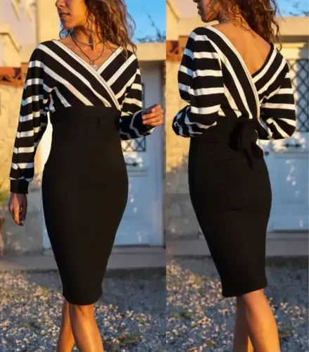 Uzun yengli, chiziqli naqshli qisqa trikotaj ko'ylak - 7