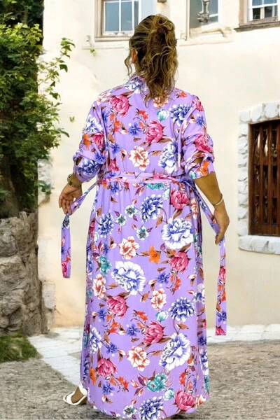 Uzun yengli kamarli cho'ntakli oldidan tugmali katta o'lchamli paxta viskoz ko'ylak - 5