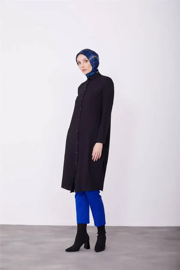 Uzun Yengli Logo Chiziqli Tunika 23kh411 Qora - 1