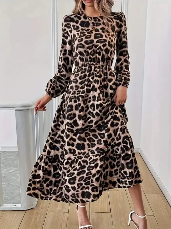 Uzun yengli velosiped yoqali leopard naqshli midi suprema ko'ylak - BÜYÜKBEDENIZ