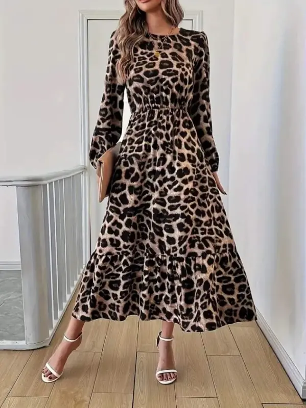 Uzun yengli velosiped yoqali leopard naqshli midi suprema ko'ylak - 2
