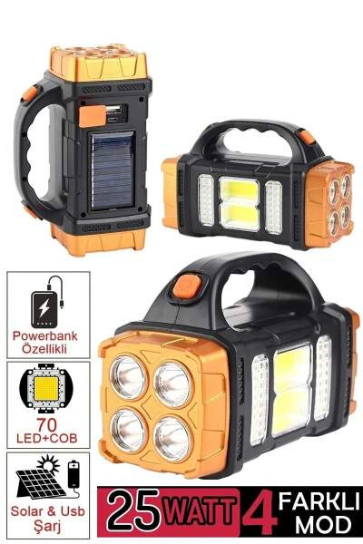 V-2678 Uzoq Masofali Quyosh Paneli bilan 25w Powerbank Usb Chiqishi 4 Rejimli Ultra Kuchli Ledli Zaryadlanadigan Chiroq - ATAŞBEY