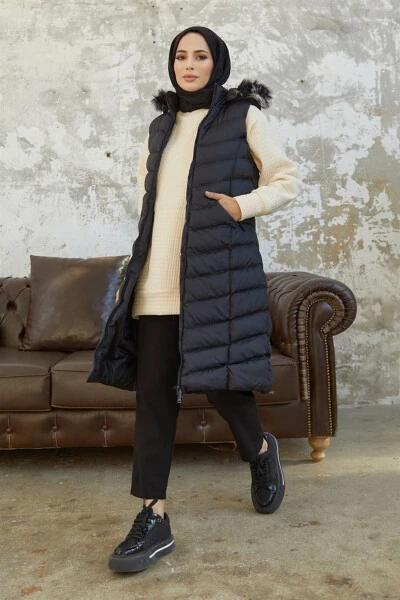 V bo'yinli puffer yelek - Qora - MODAMİA