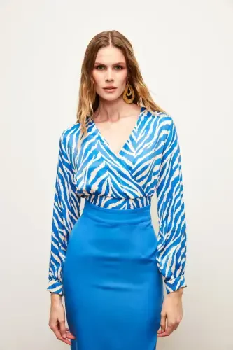 V-bo'yinli Zebra naqshli Atlas bluzka - SAX BLUE - 1