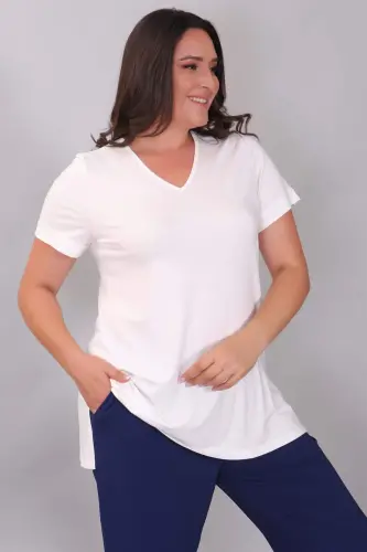 V-Neck Basic Ecru Blouse - BÜYÜKBEDENIZ (1)