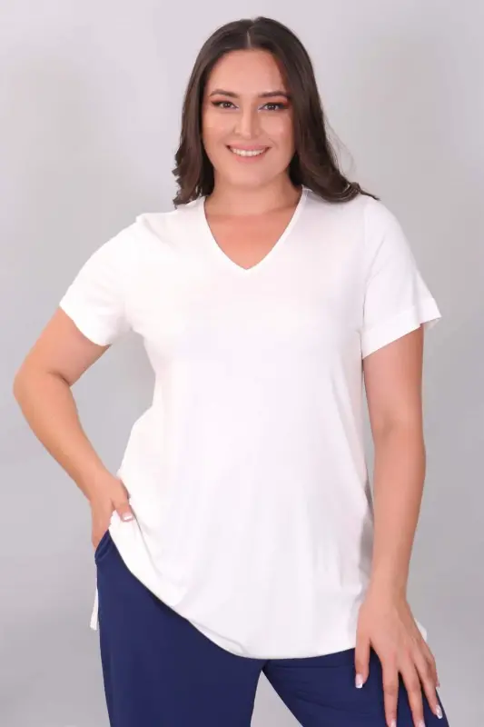 V-Neck Basic Ecru Blouse - 3