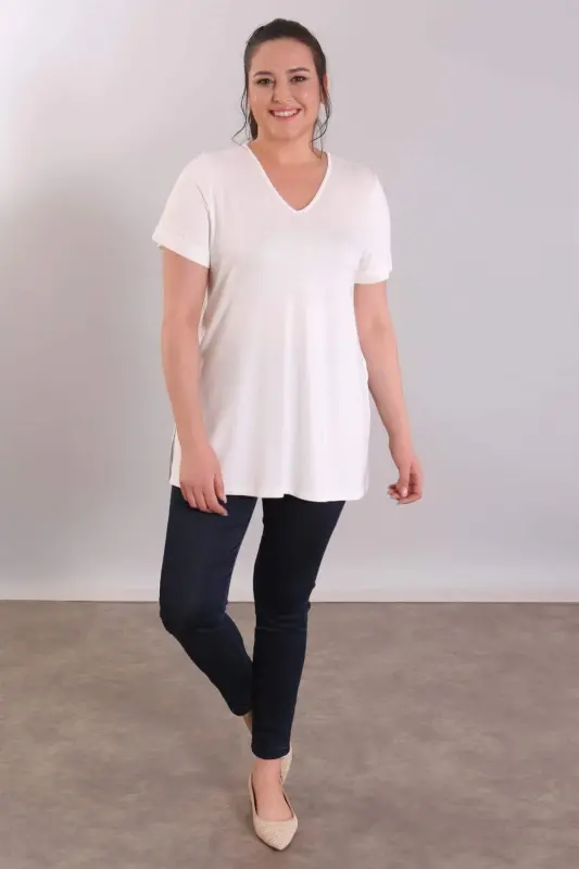 V-Neck Basic Ecru Blouse - 7