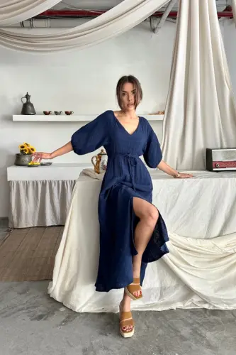 V-NECK BEADED TIE WAIST MUSLIN DRESS WITH SLIT - Navy Blue - 4