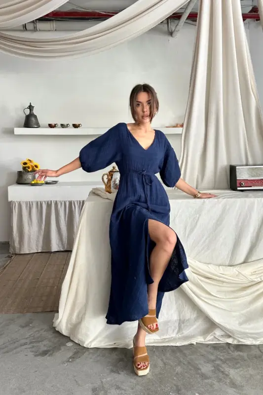 V-NECK BEADED TIE WAIST MUSLIN DRESS WITH SLIT - Navy Blue - 4