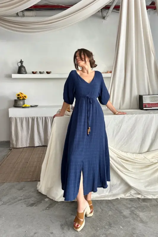 V-NECK BEADED TIE WAIST MUSLIN DRESS WITH SLIT - Navy Blue - BÜYÜKBEDENIZ