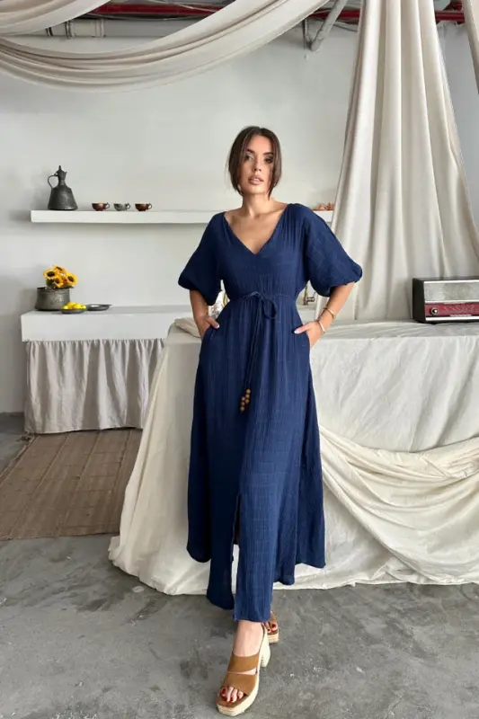 V-NECK BEADED TIE WAIST MUSLIN DRESS WITH SLIT - Navy Blue - 2