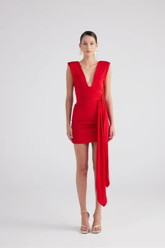 V-Neck Belted Ruched Mini Uma Dress Red-Red - 1