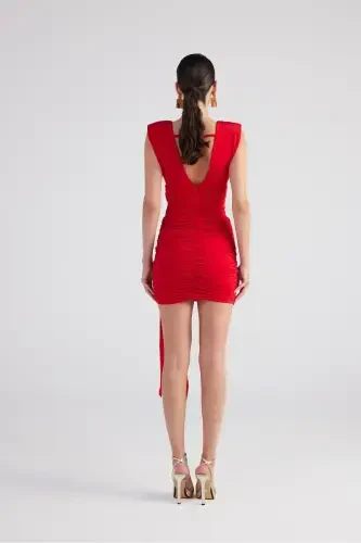 V-Neck Belted Ruched Mini Uma Dress Red-Red - 4