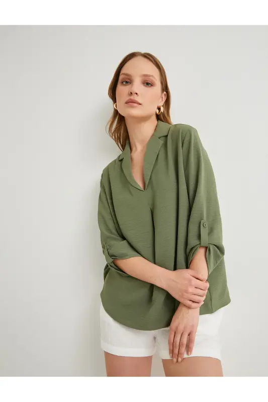 V Neck Blouse Half Sleeve Textured Regular Fit - Khaki - 1