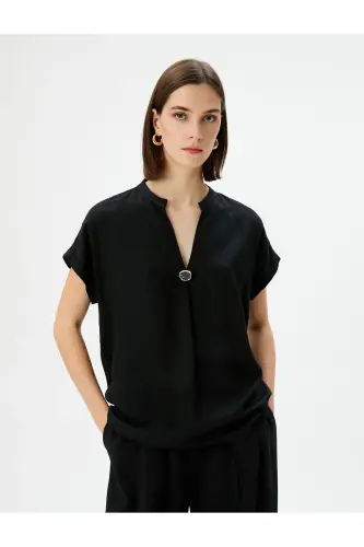 V-Neck Blouse Short Sleeve Accessory Detailed Viscose-Bla - 3