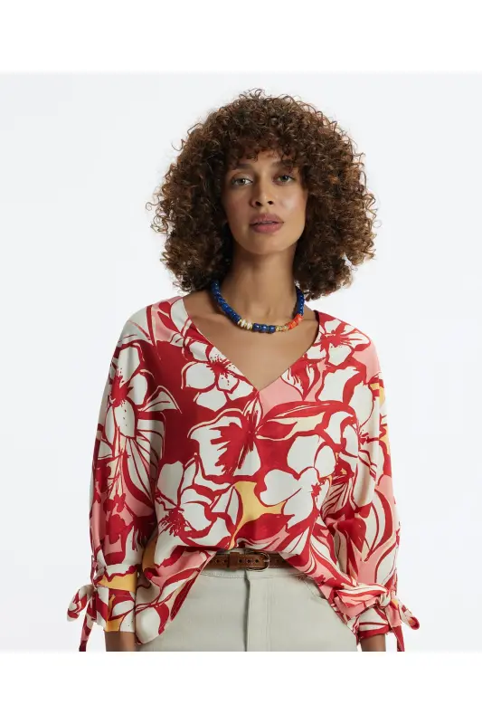 V-Neck Blouse with Tie Sleeves - YARGICI