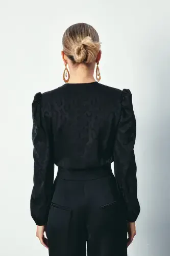 V-Neck Bodysuit Blouse - BLACK - 4