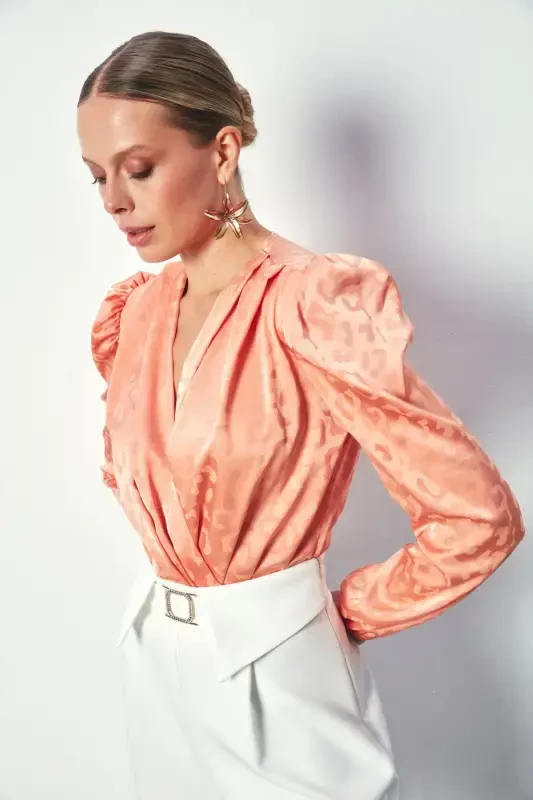 V-Neck Bodysuit Blouse - SALMON - 1