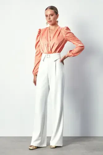 V-Neck Bodysuit Blouse - SALMON - SATEEN (1)