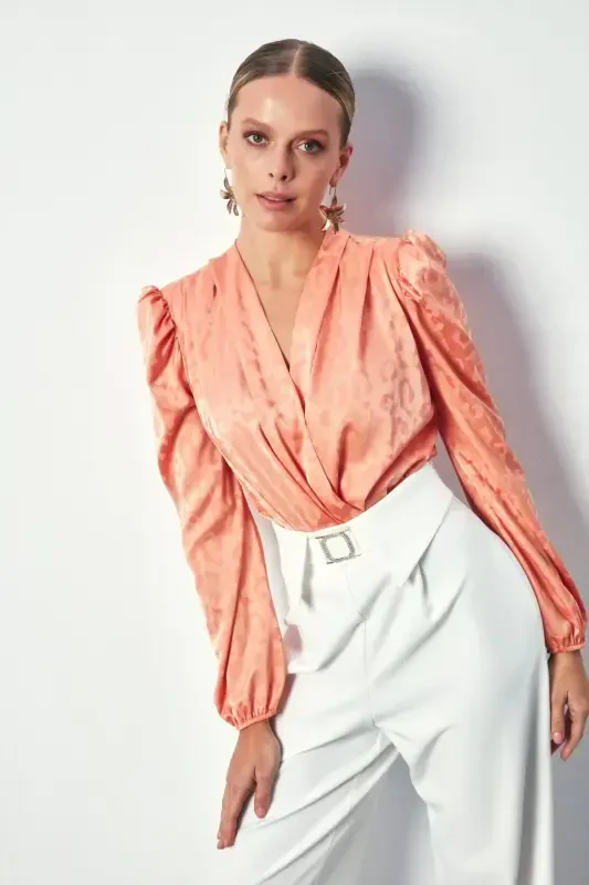 V-Neck Bodysuit Blouse - SALMON - 3