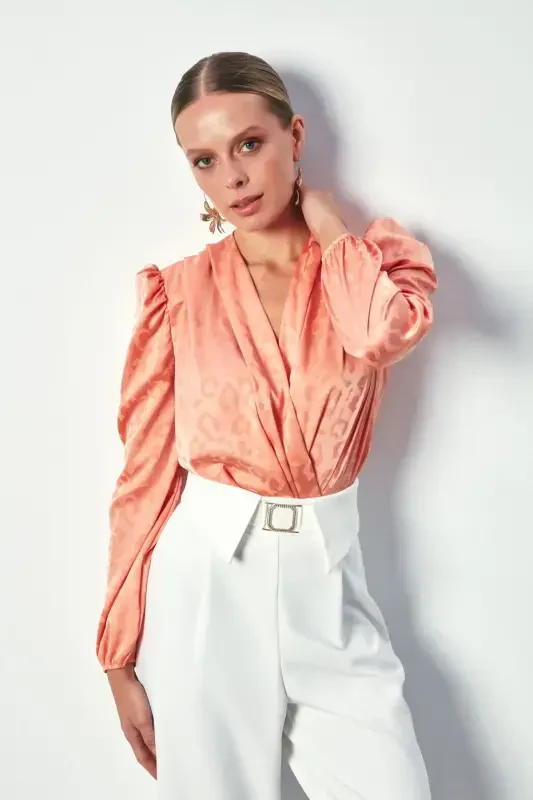 V-Neck Bodysuit Blouse - SALMON - 4