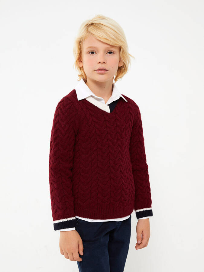 V-Neck Braided Pattern Long Sleeve Boys Knit Sweater - 11