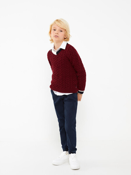 V-Neck Braided Pattern Long Sleeve Boys Knit Sweater - 13