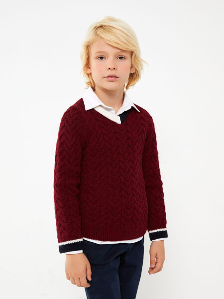 V-Neck Braided Pattern Long Sleeve Boys Knit Sweater - 6