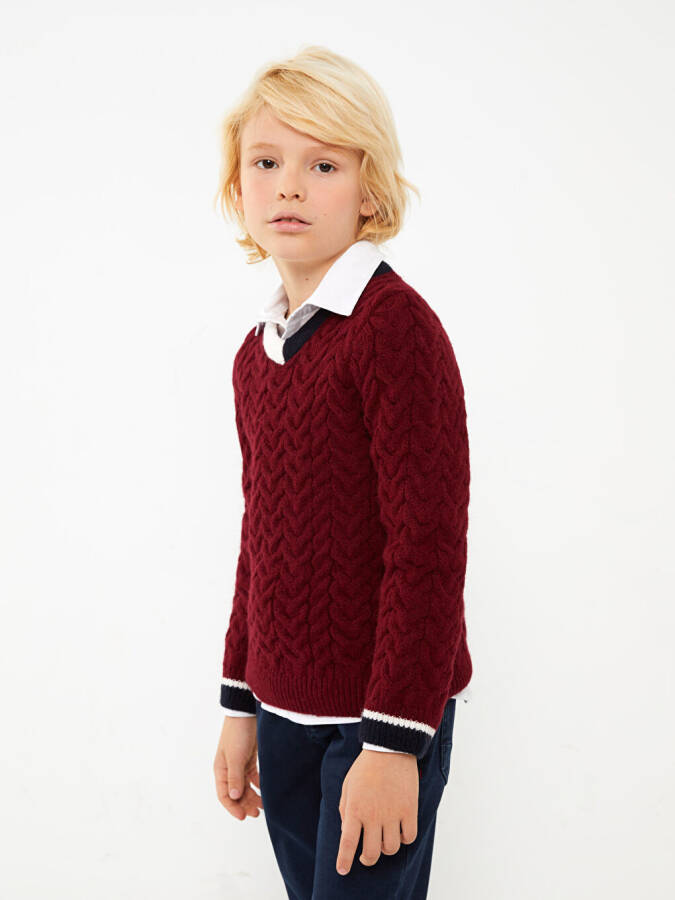 V-Neck Braided Pattern Long Sleeve Boys Knit Sweater - 7