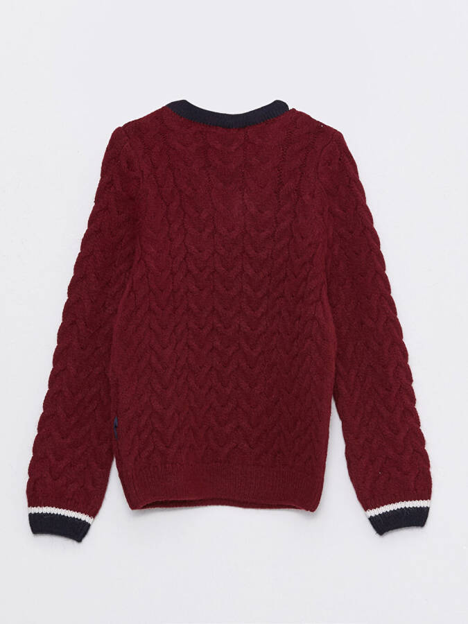 V-Neck Braided Pattern Long Sleeve Boys Knit Sweater - 10