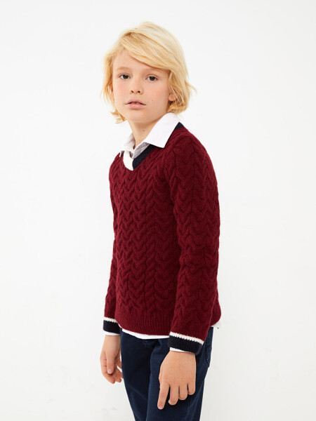 V-Neck Braided Pattern Long Sleeve Boys Knit Sweater - 2