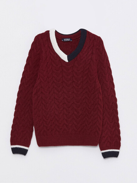 V-Neck Braided Pattern Long Sleeve Boys Knit Sweater - 19