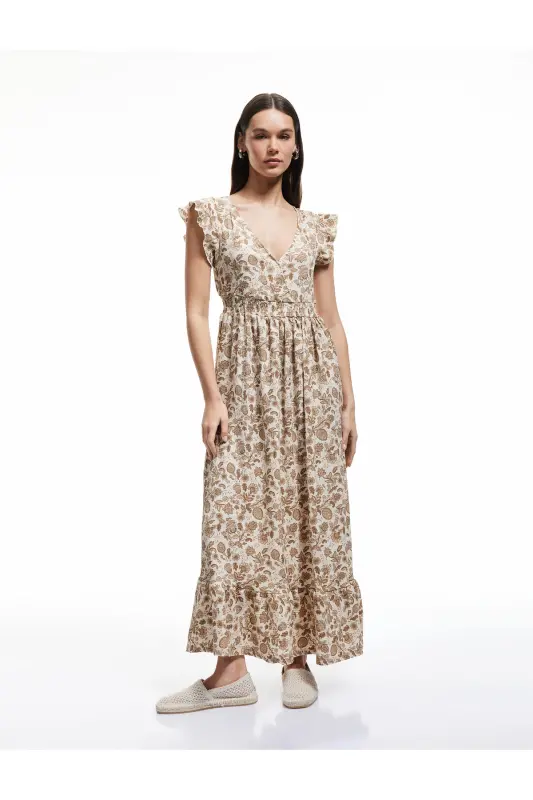 V-Neck Butterfly Sleeve Patterned Layered Maxi Dress Crinkle - 1