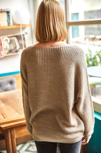 V Neck Cable Knit Oversize Knit Sweater-Mink - 5