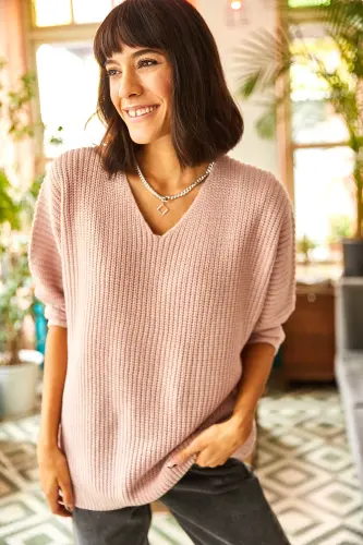 V-Neck Cable Knit Oversize Knit Sweater-Powder - OLALOOK (1)