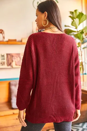 V Neck Cable Knit Oversize Knitwear Sweater-Burgundy - 7