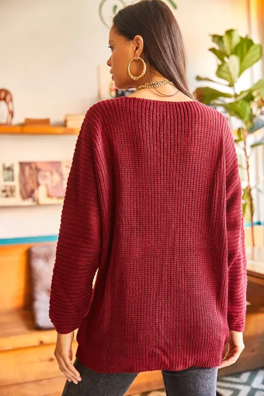 V Neck Cable Knit Oversize Knitwear Sweater-Burgundy - 7