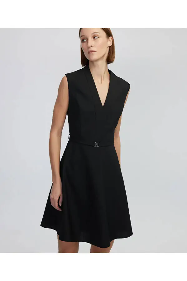 V-neck Dress with Thin Belt - 1